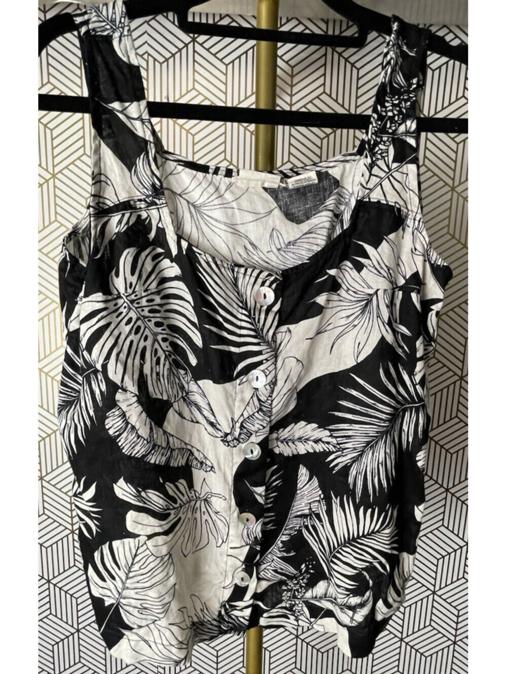 Christian Siriano NY Sleeveless 100% Linen Top Black White Palm Leaves S